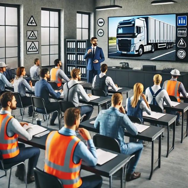 DALL·E 2024-09-03 17.42.42 - A professional and engaging image depicting a group of truck drivers in a modern training setting. The scene includes a diverse group of drivers (vari