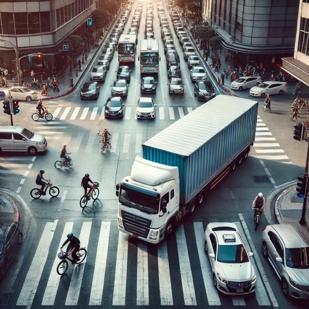 DALL·E 2024-10-02 12.36.18 - A large truck navigating through a busy city street, surrounded by cars, pedestrians, and cyclists. The truck is approaching an intersection with visi